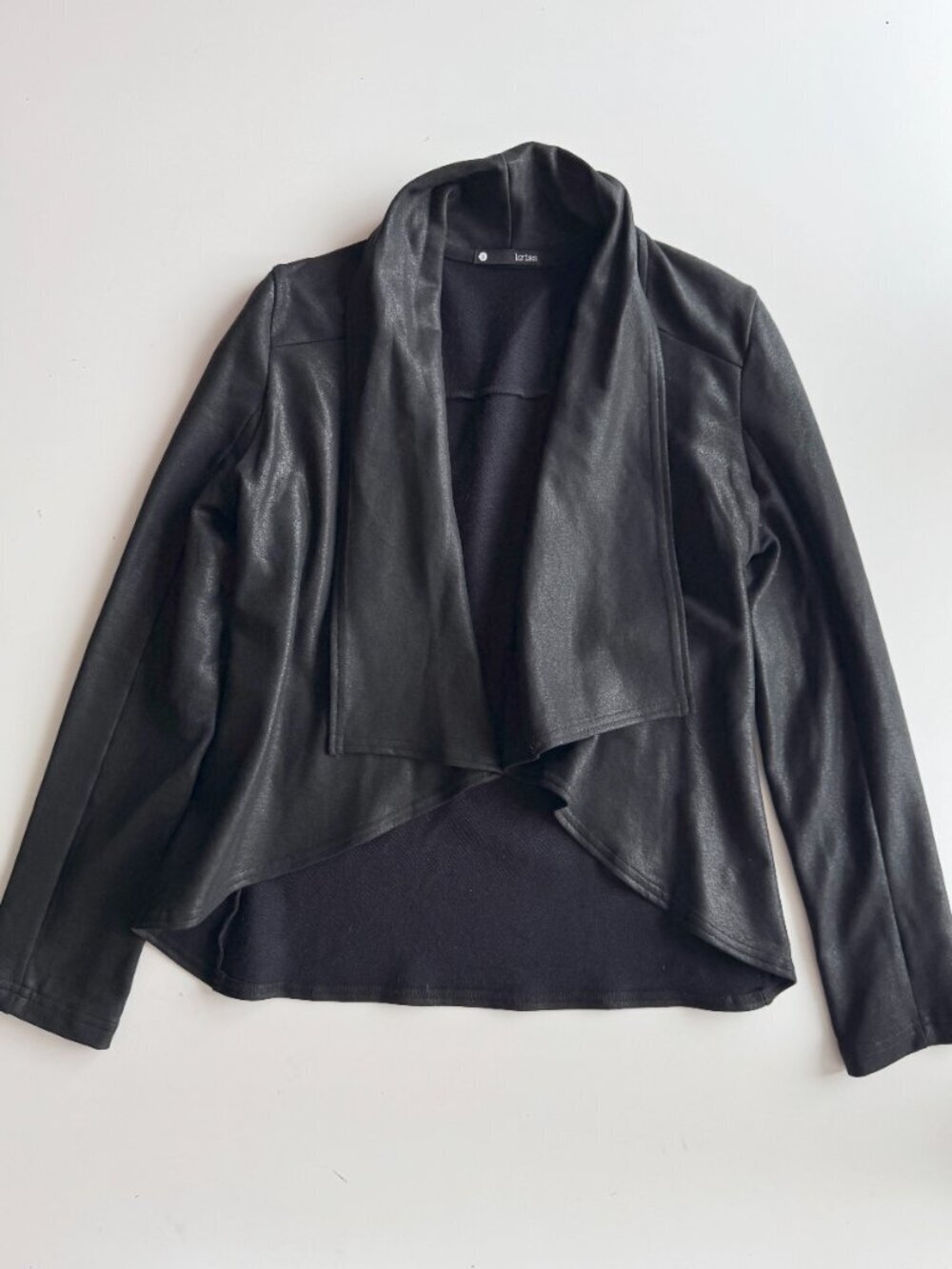 KRISA Black Coated Terry Faux Leather Open Drape Front Moto Jacket, Size S - Picture 8 of 16